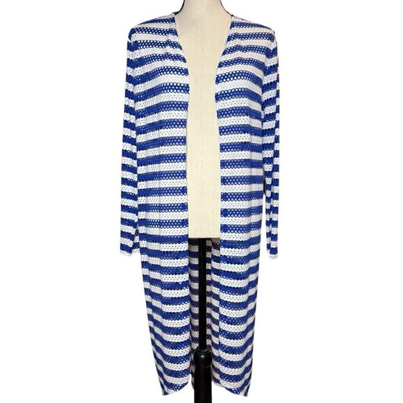 CHICO'S STRIPED TESS CARDIGAN SWEATER Blue & White Size 2 (12 14) Beach Coverup - Picture 1 of 13